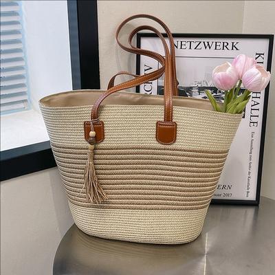 Portable Straw Bag Women's Large-capacity Woven Shoulder Tote Bag Seaside Vacation Woven Bag