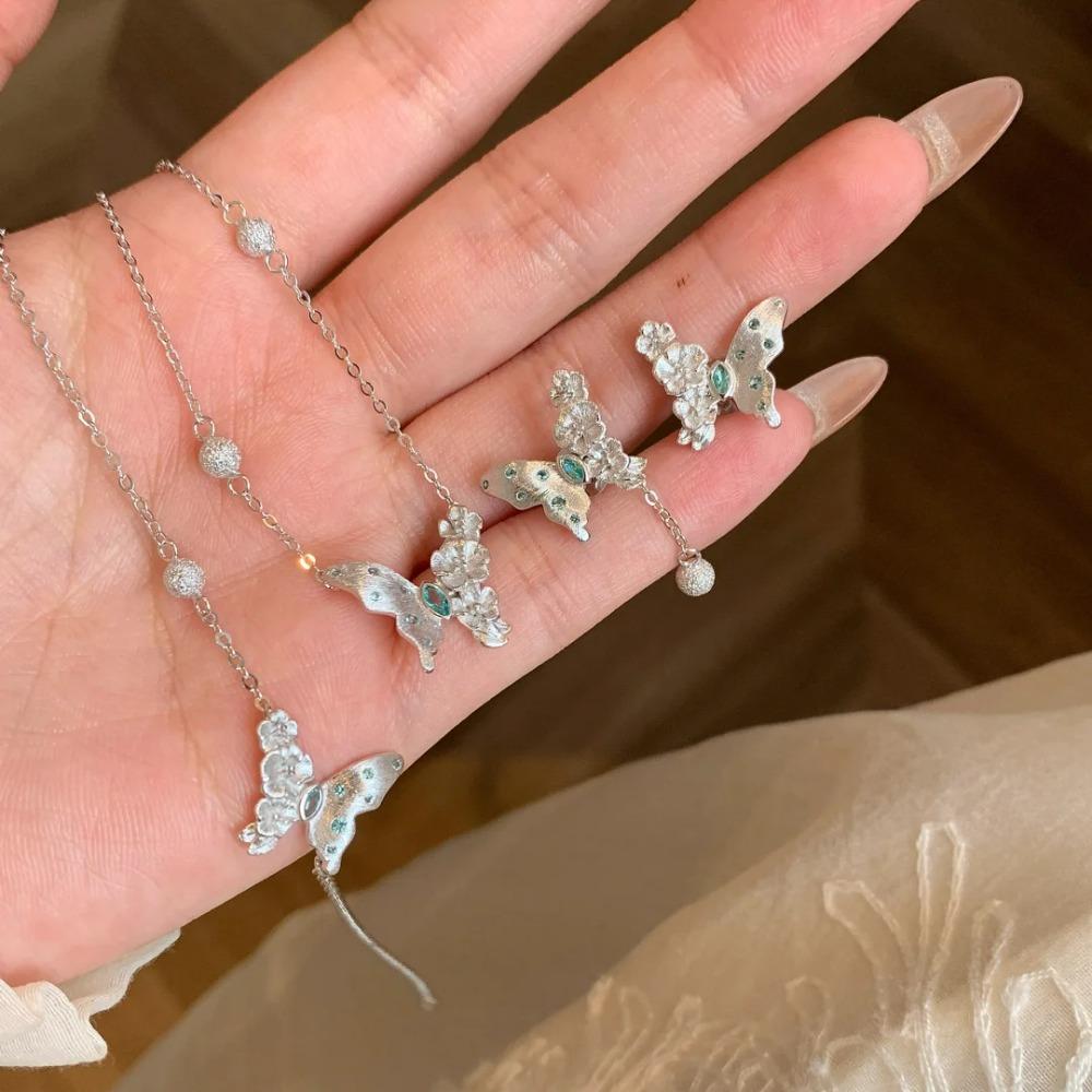 Women Jewelry Set Paraiba Butterfly Pendant Necklace Diamond Bracelet Elegant Tassel Earrings