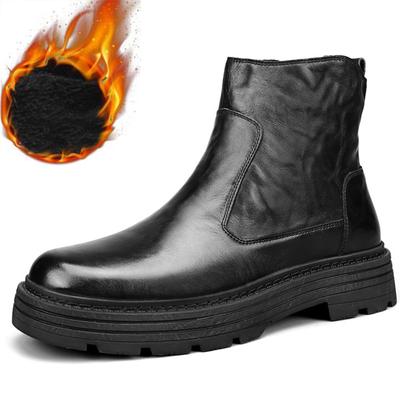 Bottes d'hiver pour hommes en cuir véritable, style rétro, simples, montantes, semelles épaisses, décontractées, bottines