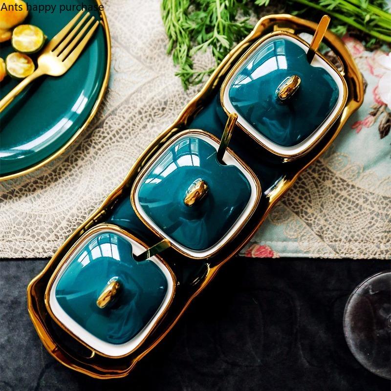 Grüne Keramik Zuckerdose Gesalzenes MSG Glas Gewürzbehälter Heimaufbewahrung Drei Stück Haushalt mit Löffel Deckel Gewürzaufbewahrungsbox