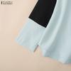 ZANZEA Damen Lässig V-Ausschnitt Locker Langarm Patchwork Kapuzenpullover Bluse