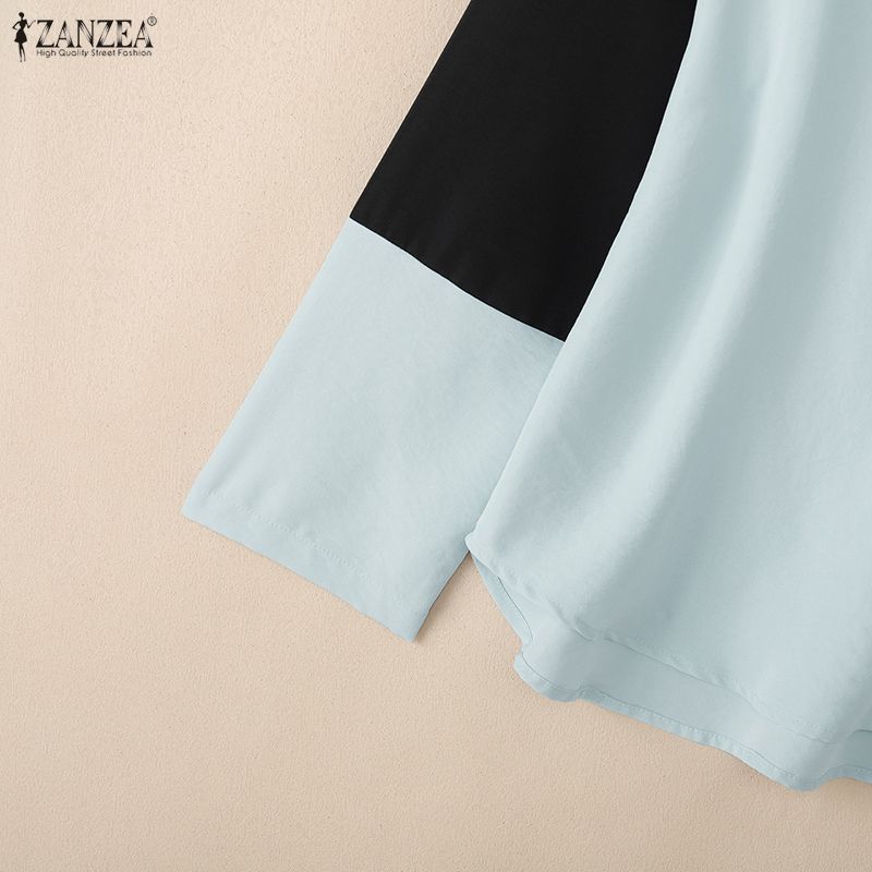 ZANZEA Damen Lässig V-Ausschnitt Locker Langarm Patchwork Kapuzenpullover Bluse