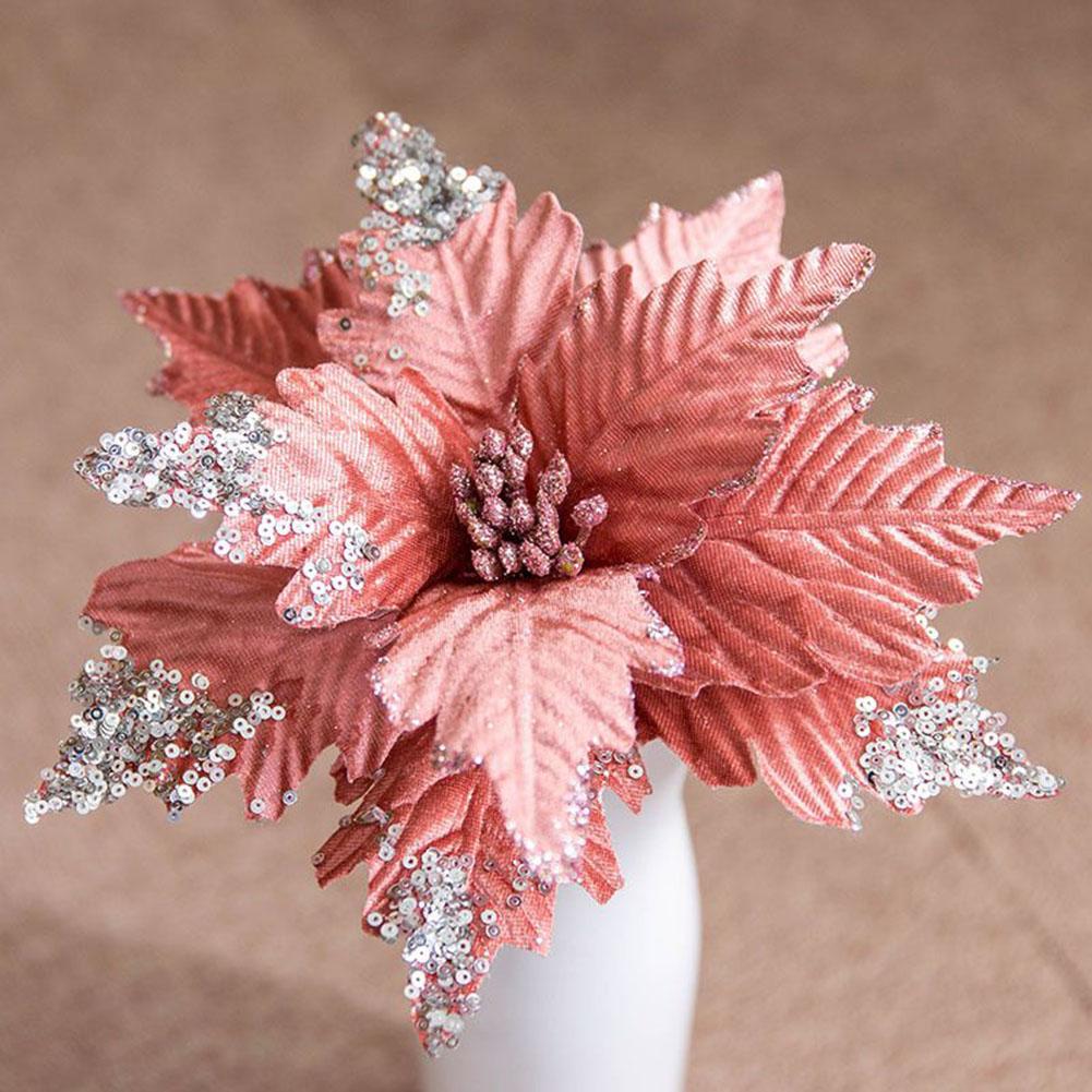 Festive Poinsettia Glitter Artificial Flowers Christmas Tree Decoration