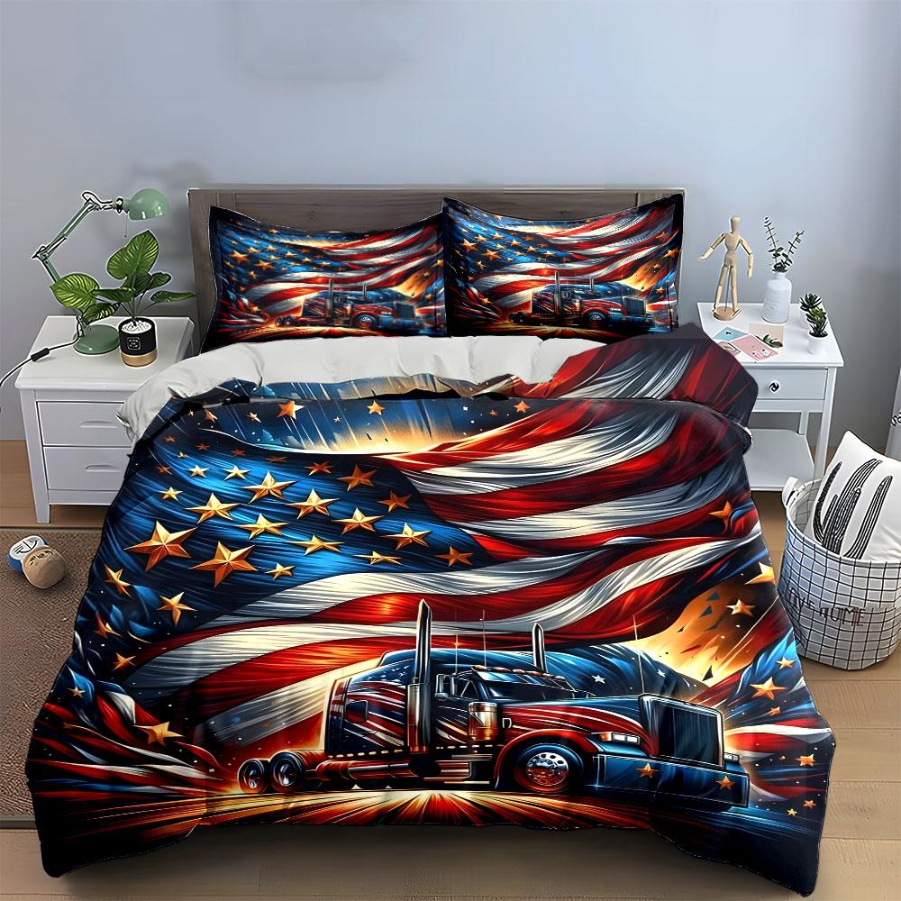 American Flag with Truck Design Bedding Duvet Cover Set Duvet Cover Pillowcases (1 * Duvet Cover 2 * Pillowcases, without duvet insert)