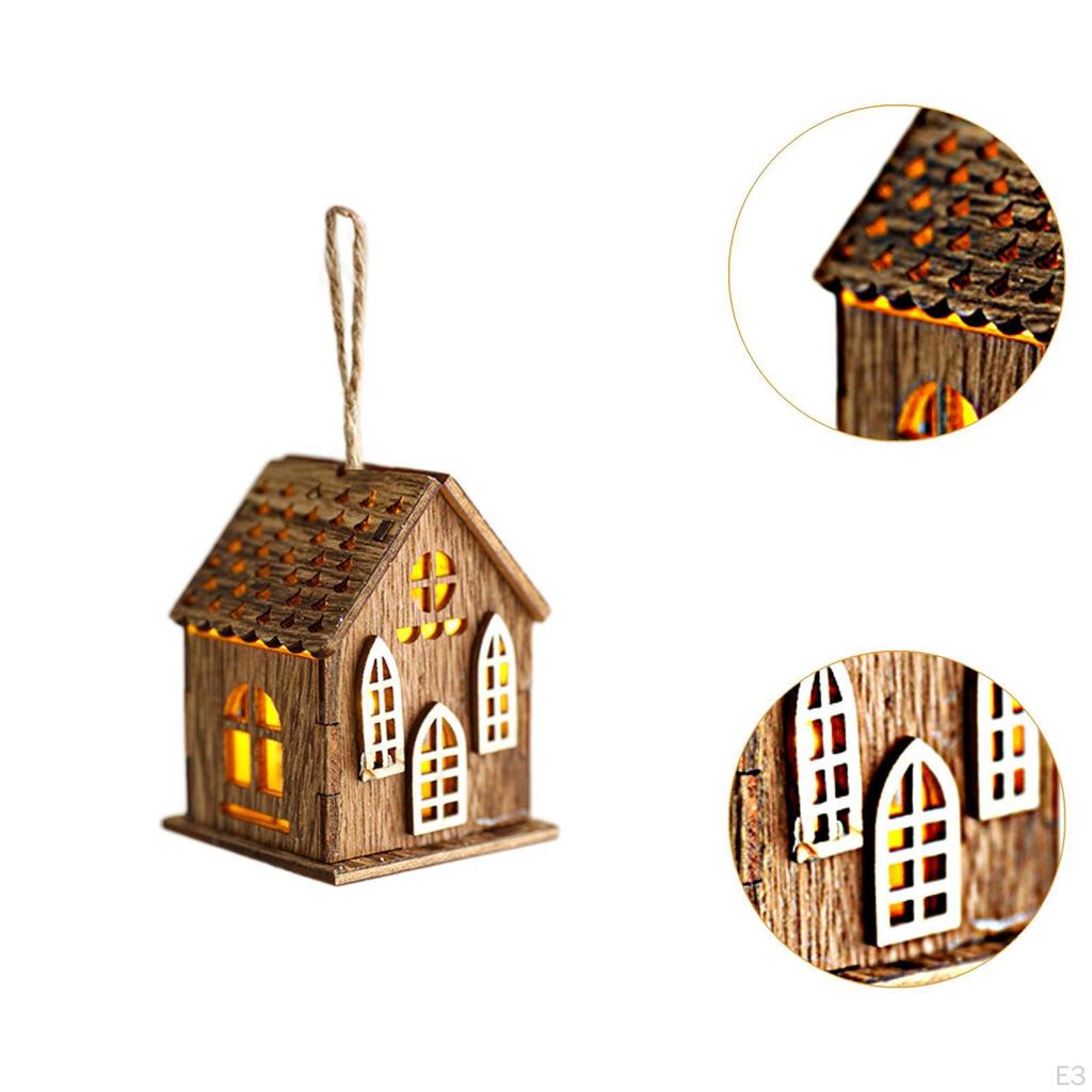 Christmas Lighted Village House, Wooden Tree Hanging Decoration for Bedroom Winter Room