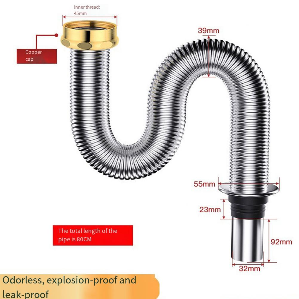 Basin Drainage Pipe Bathroom Drain Pipe 80/100cm Stainless Steel Kitchen Sink Drain Pipe Siphon Waste Drain Flexible Pipe Hose