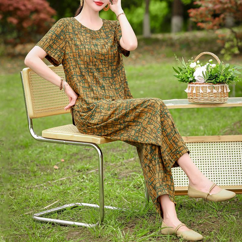 Women's Summer Printed 2-Piece Outfit, Plus Size Casual Short Sleeve Top & Pants Set (XL-5XL)