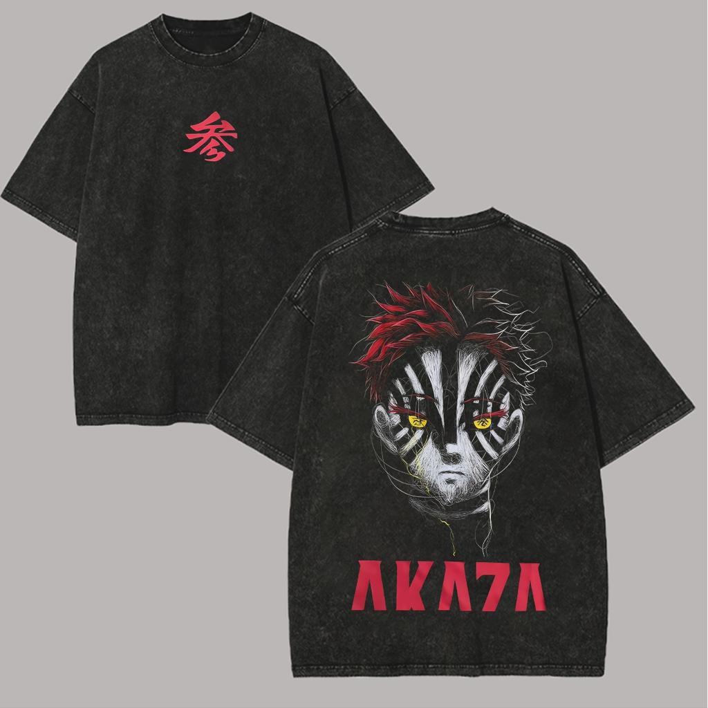 Akaza Demon Slayer Manga T-shirt Vintage Washed Oversized T Shirt Men Women Clothing Casual Pure Cotton Soft Short Sleeve Tee