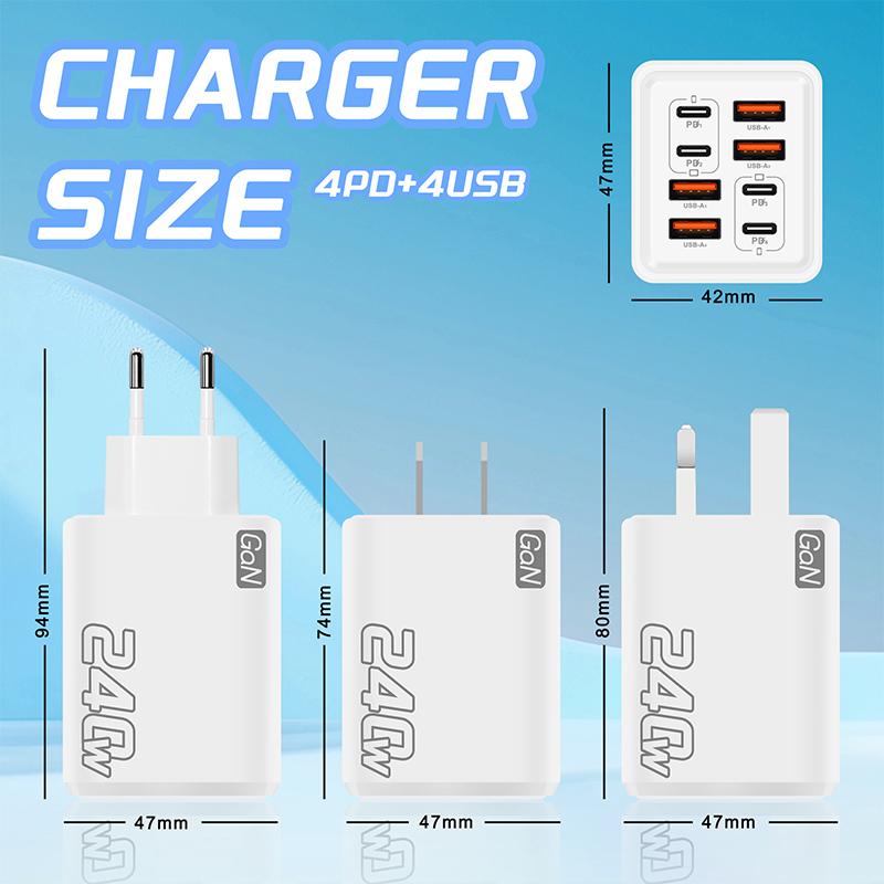 240W Gan Usb C Charger 8 In 1 Fast Charging Phone Charger Power Adapter For Phone Type C Eu/Us Plug Wall Charger
