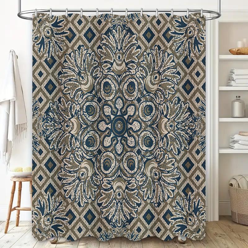 Vintage Blue Floral Shower Curtain Waterproof Home Decoration Bath Tub Decorations Bathroom Accessory Size 72X84 Inches