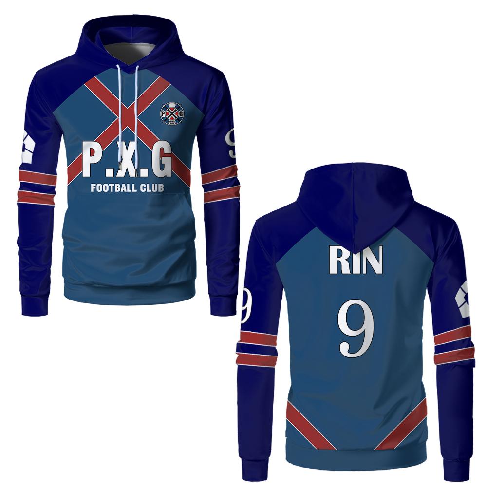 Uniforme de jersey de anime japonês Blue Lock PxG time Rin, cinco peças, camisa esportiva de um lado, jersey de futebol com capuz, cosplay