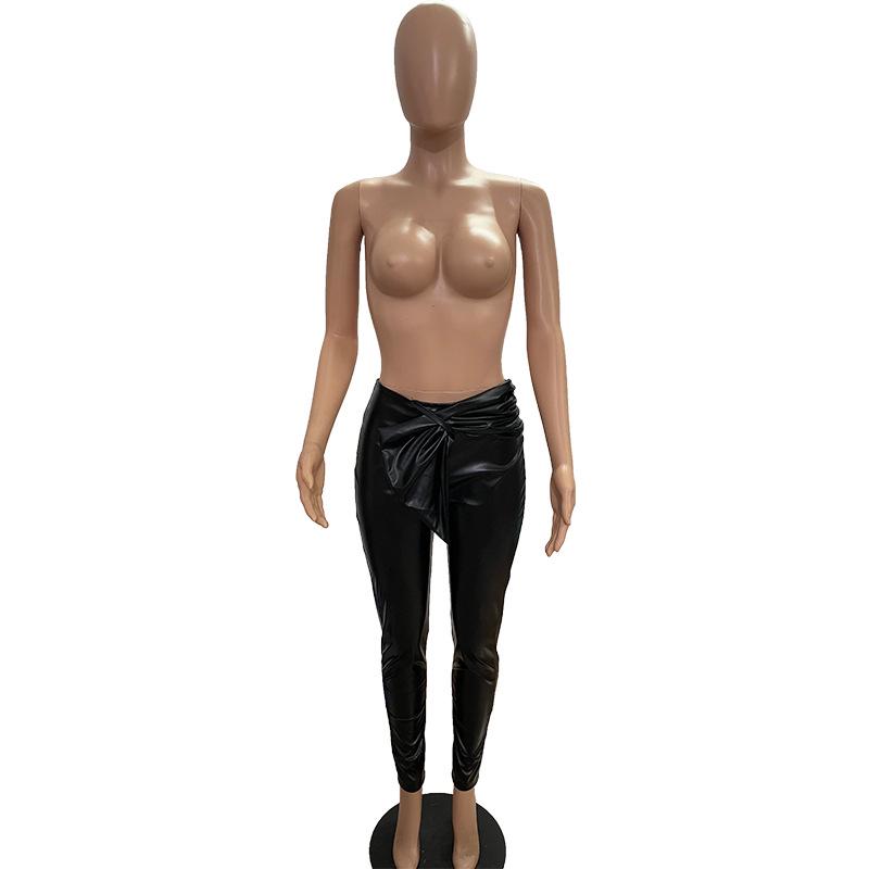 High Elastic PU Leather Leggings with Belt for Women