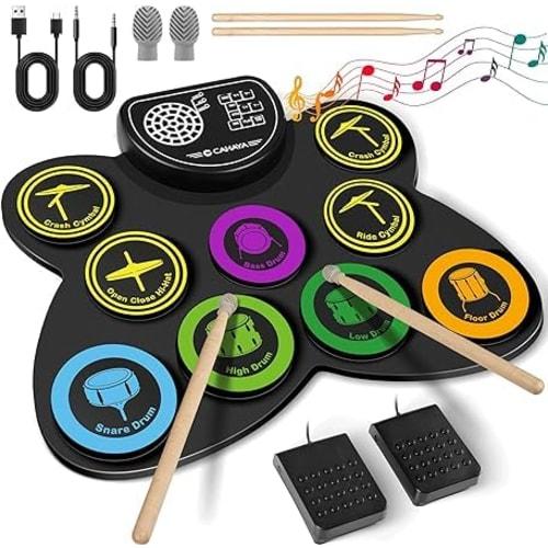 CAHAYA Electronic Drum Pad Set with Drumstick Caps, 9 Pads, for Beginners and Kids, Headphone Output, Built-in Stereo Speakers, 10-Hour Battery Life,