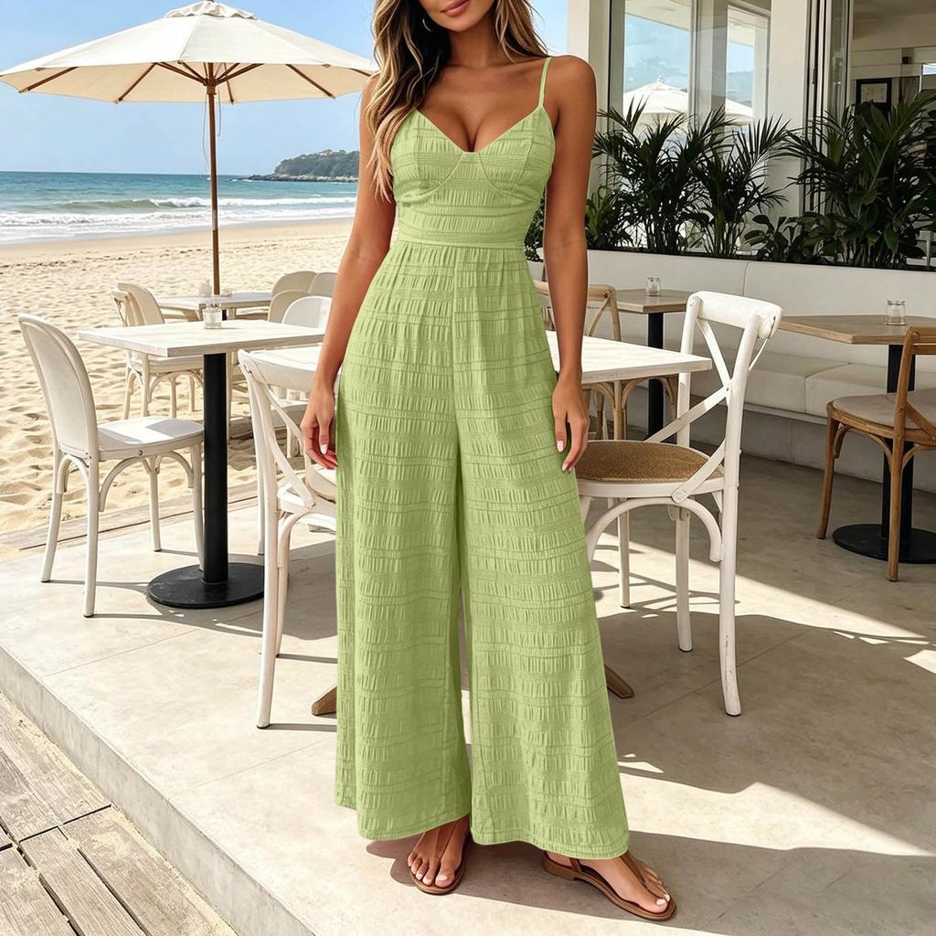 Women Sleeveless Spaghetti Strap Boho Wide Leg Party Elegant  Jumpsuit For
