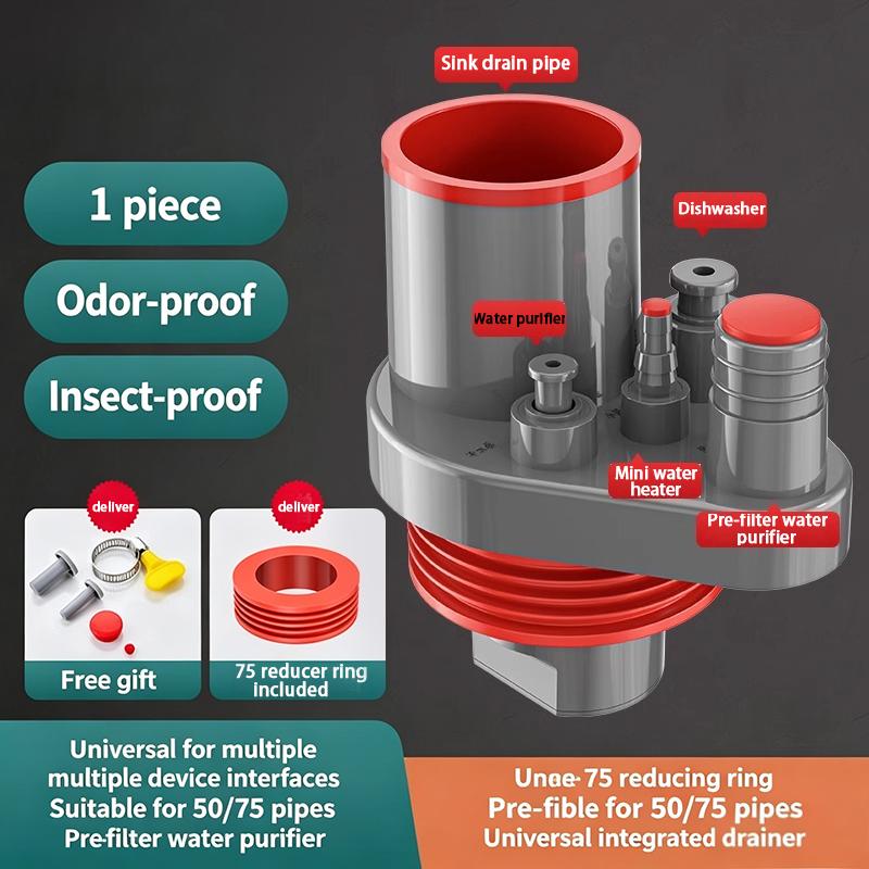 

Kitchen Pipe Drainpipe Connector Five-in-One Dishwasher Sink Sewer Odor-Proof Insec Joint Water Purifier Front Filter Connector