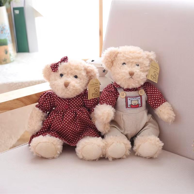 A Pair 26cm Cute Couple Teddy Bear with Cloth Plush Toys Stuffed Dolls Toy Kids Baby Girls Children Girl Birthday Christmas Gift