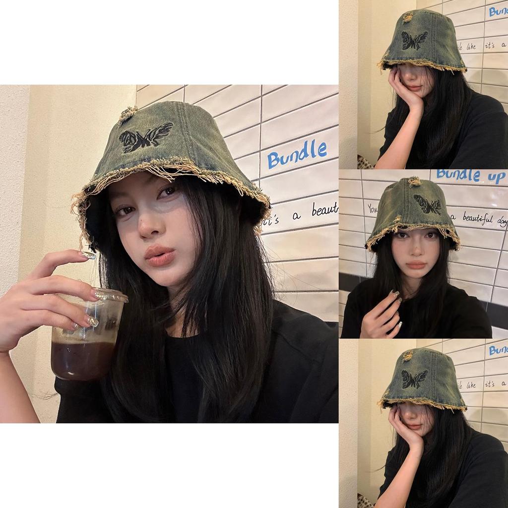 Trendy Retro Embroidery Denim Fisherman Hat For Adults With Chic Butterfly Design