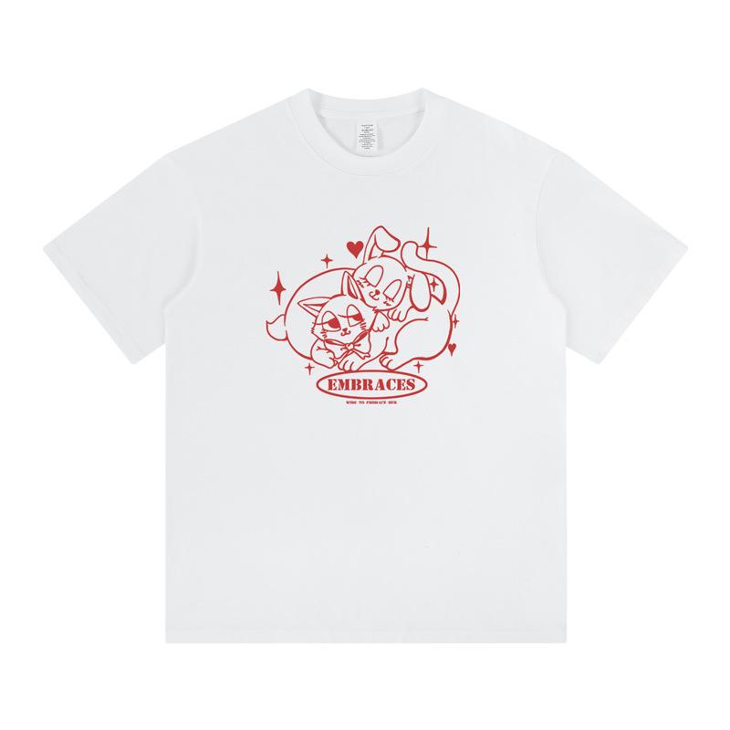 Hong Kong Style Cat Print Cotton T-Shirt for Men & Women - 2024 Summer Collection