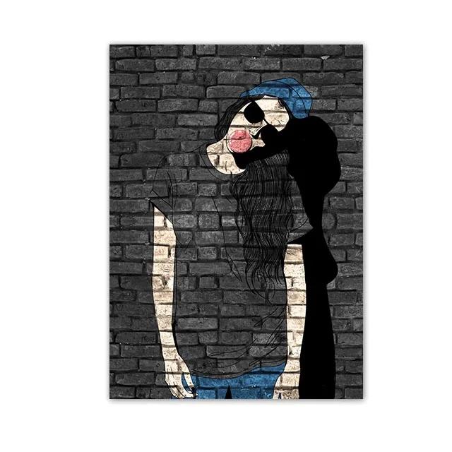 

Смешная Молодая Женщина Граффити Живопись на Черной Кирпичной Стене Портрет Девушки Живопись Для Домашнего Декора Городской и Уличный Художественный Стиль 8X12inch 20x30cm