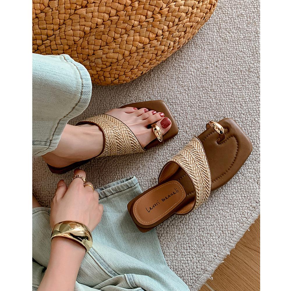 Sheepskin French Holiday Style Straw Weaving Beautiful with Skirt Bohemian Clip Toes Soft Bottom Cool Slippers Women's Summer Wear