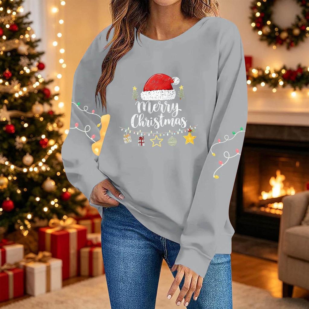 Women's Fashion Casual Crewneck Christmas Print Top, Versatile Holiday Shirt