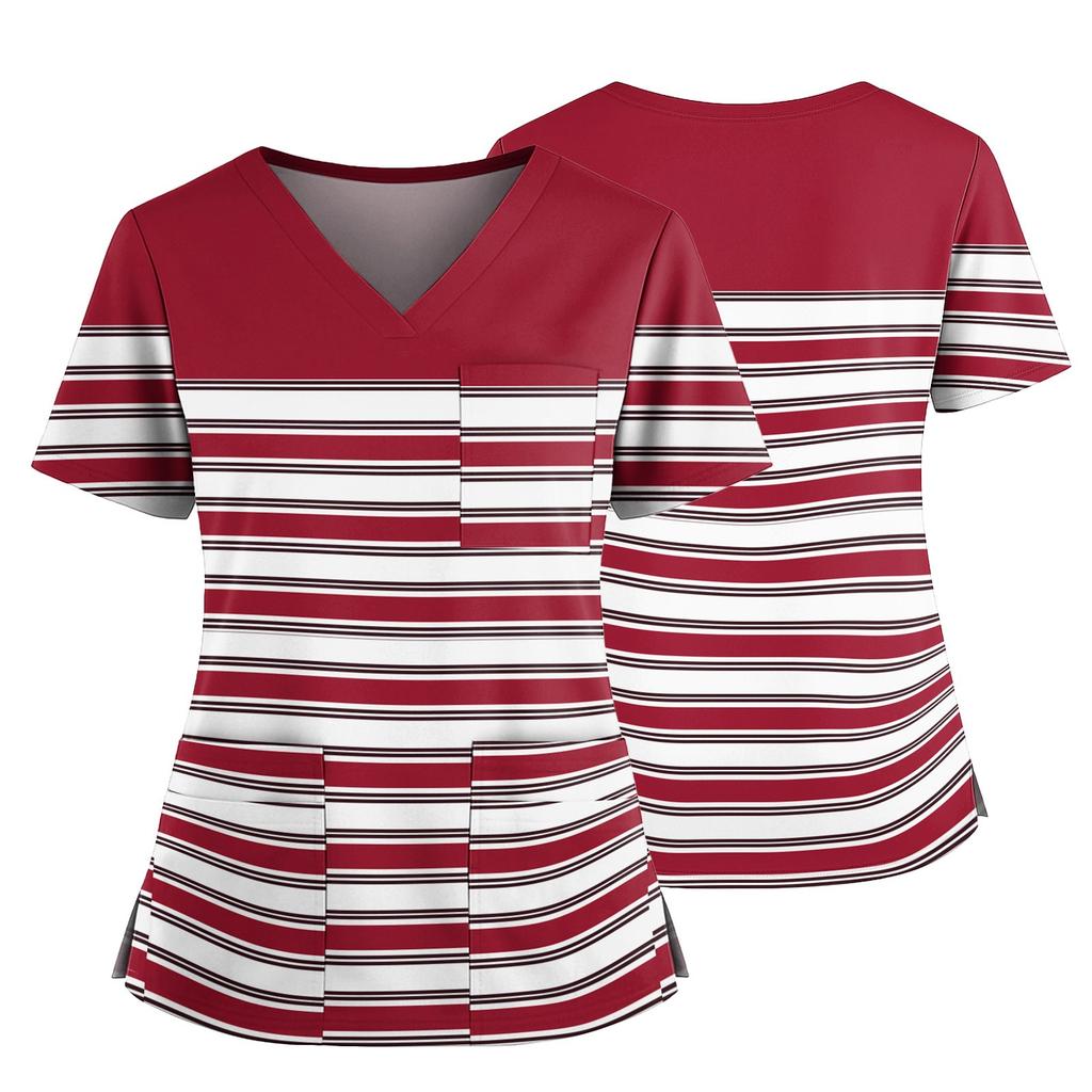 Damski casualowy top z nadrukiem z dekoltem w serek, kieszenią i rozcięciem po bokach, z krótkim rękawem