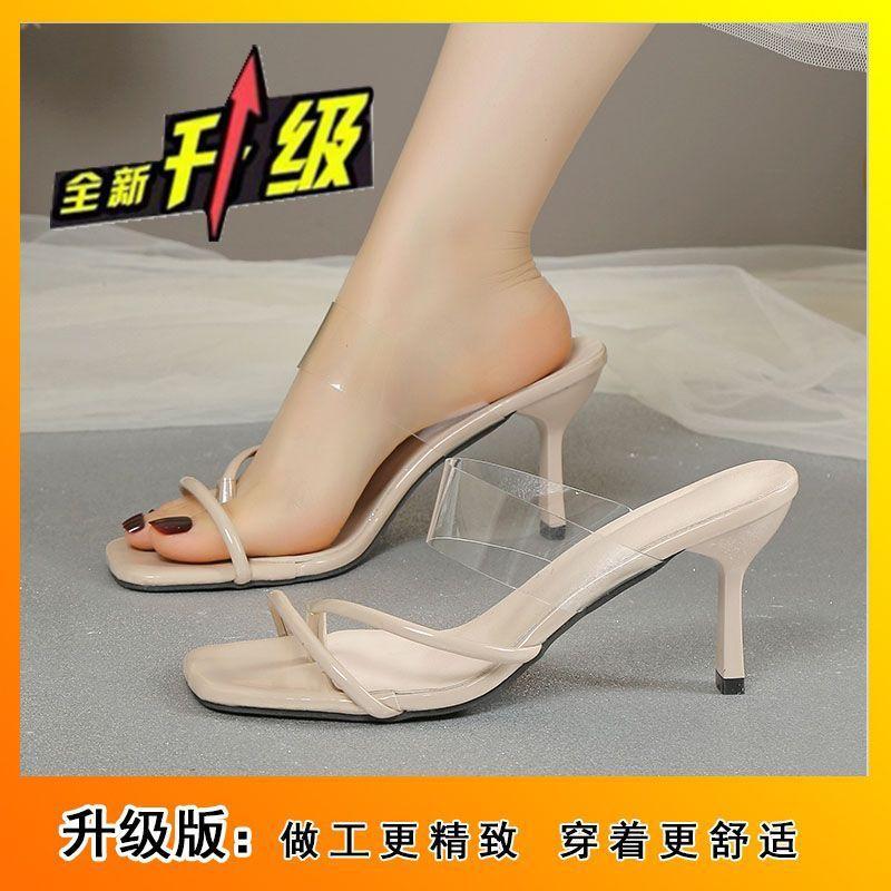 Sandals 2025 New Women's Sandals Outer Wear Toe Transparent French High Heels Summer Square Head Stiletto Fairy Slippers