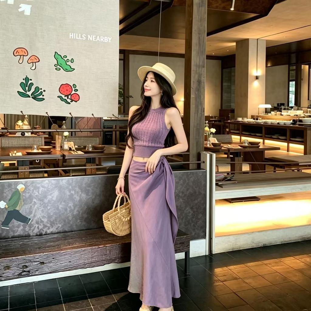 Korean royal sister style suit purple temperament knitted neck vest women's summer straps high waist skirt two-piece set
