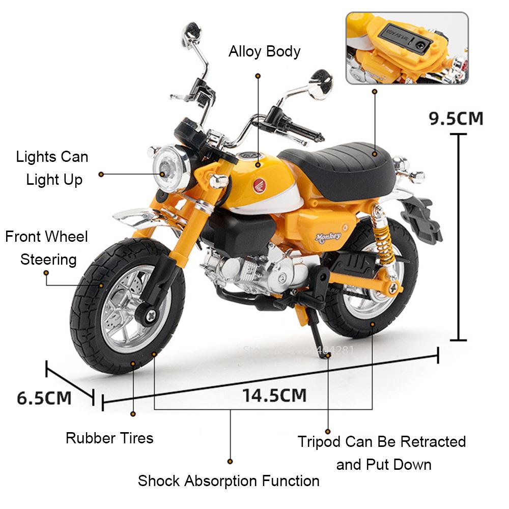 1:12 Honda Monkey Cbr1000 Motorcycle Model Diecast Alloy Car Toys Front Wheel Steering Shock Absorption Function Vehice Kid Gift