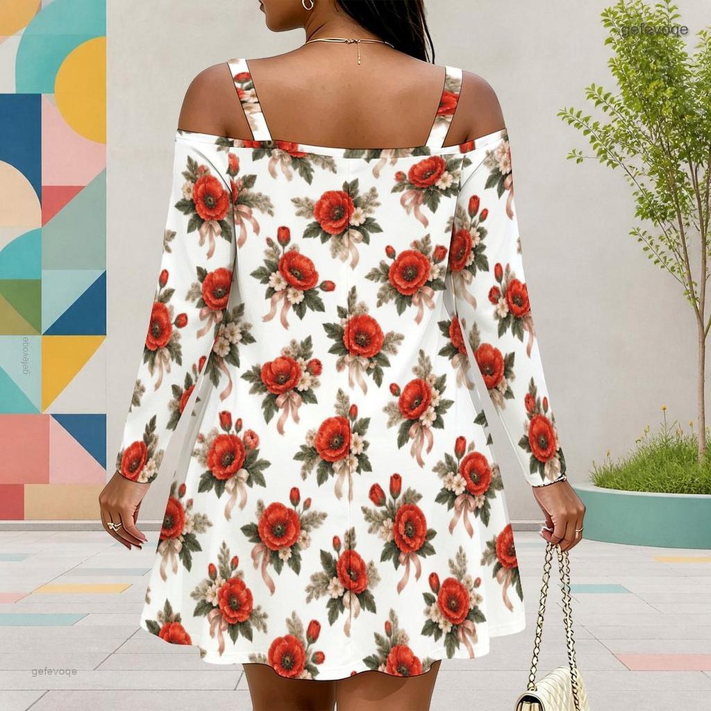 Women Plus Size White Floral Printed Cold Shoulder Long Sleeve Dress