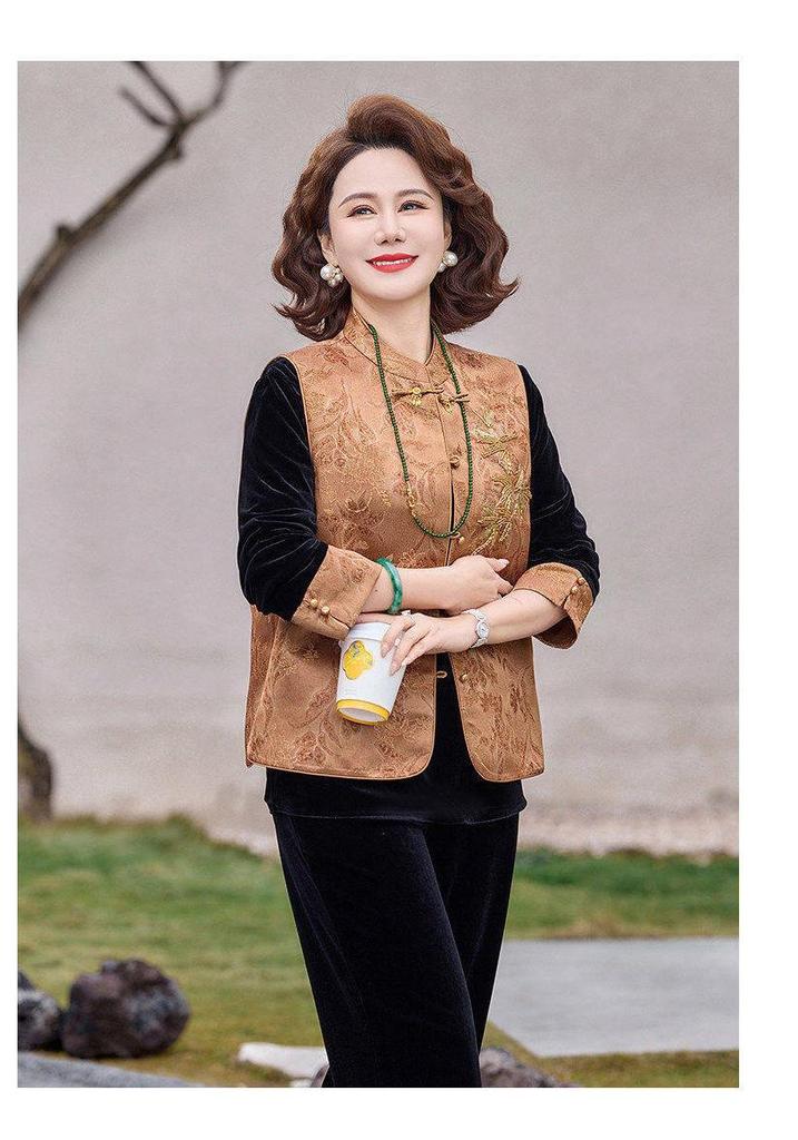 Women's New Embroidered Chinese-Style Velvet Vest with Frog Button - Two-Piece Spring Set