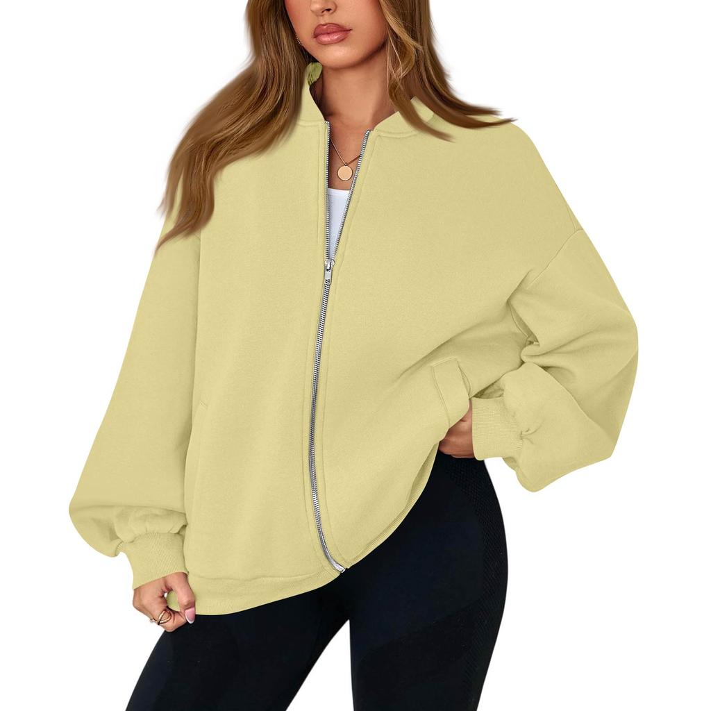 Women's Fashion Long Sleeve Solid Color V-Neck Loose Oversize Zipper Jacket