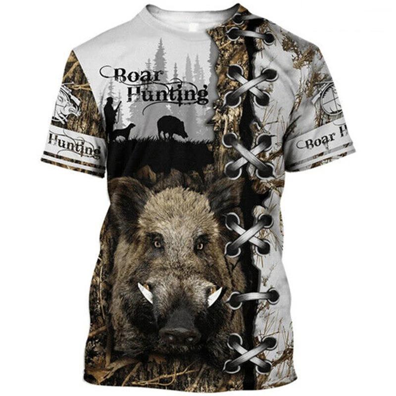 Wild Boar Hunting Themed Jungle Scenery 3D Print Short Sleeve T-Shirt Casual Outdoor Top
