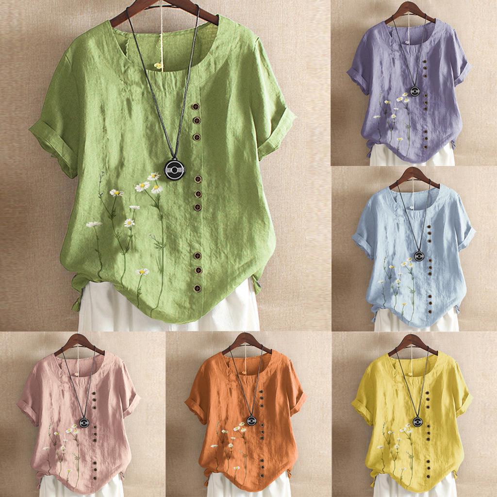 

Женские винтажные топы из хлопка и льна с короткими рукавами и пуговицами больших размеров