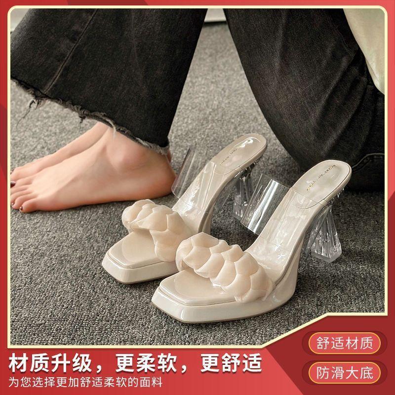 Waterproof table slippers women's outer wear spring 2025 new outer wear fashion crystal high-heeled fairy wind one-word sandals