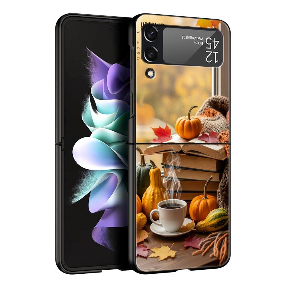 Pumpkin Autumn Leaves Coffee Hard PC Phone Case For Samsung Galaxy Z Flip 7 6 5 4 Black Cover For Galaxy Z Flip 3 Foldable Shell