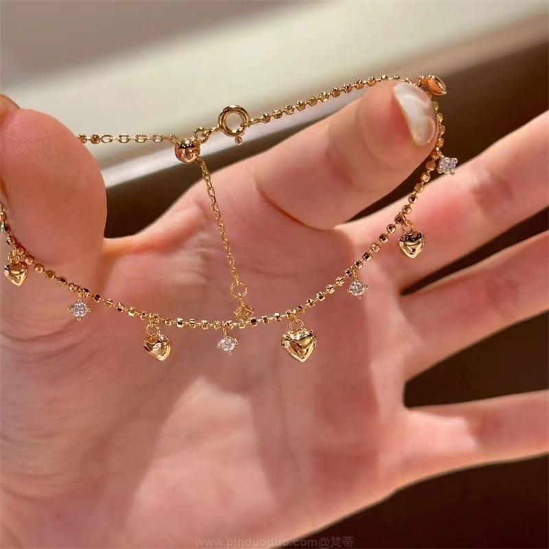Korean Delicate Heart Beads Shiny Zircon Water Drop Bracelet For Women Simple Love Heart Beaded Adjustable Chain Bangle Zircon