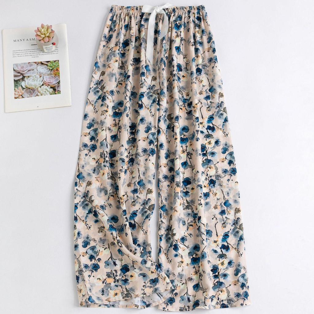 Women's Floral Cotton Silk Pajama Pants, Mosquito Repellent, Outdoor & Home Wear, Plus Size, Lightweight Summer Style.