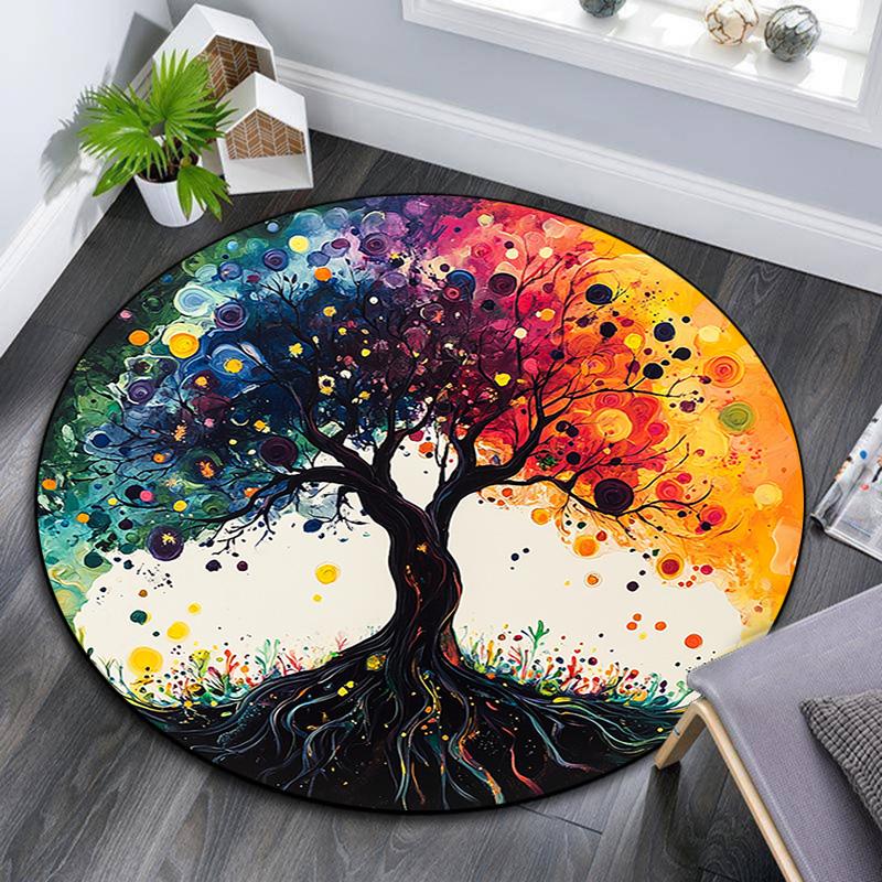 Colorful Tree Round Area Rug,Carpet Rug for Living Room Bedroom Sofa Playroom Decor,Non-slip Floor Mat