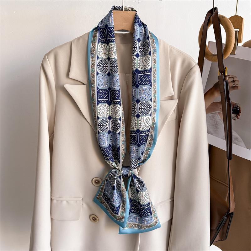 12*145Cm Small New Double-Layer Silk Scarf Women Ribbon Hair Band Luxury Print Designer Tie Scarves Bag Decorate