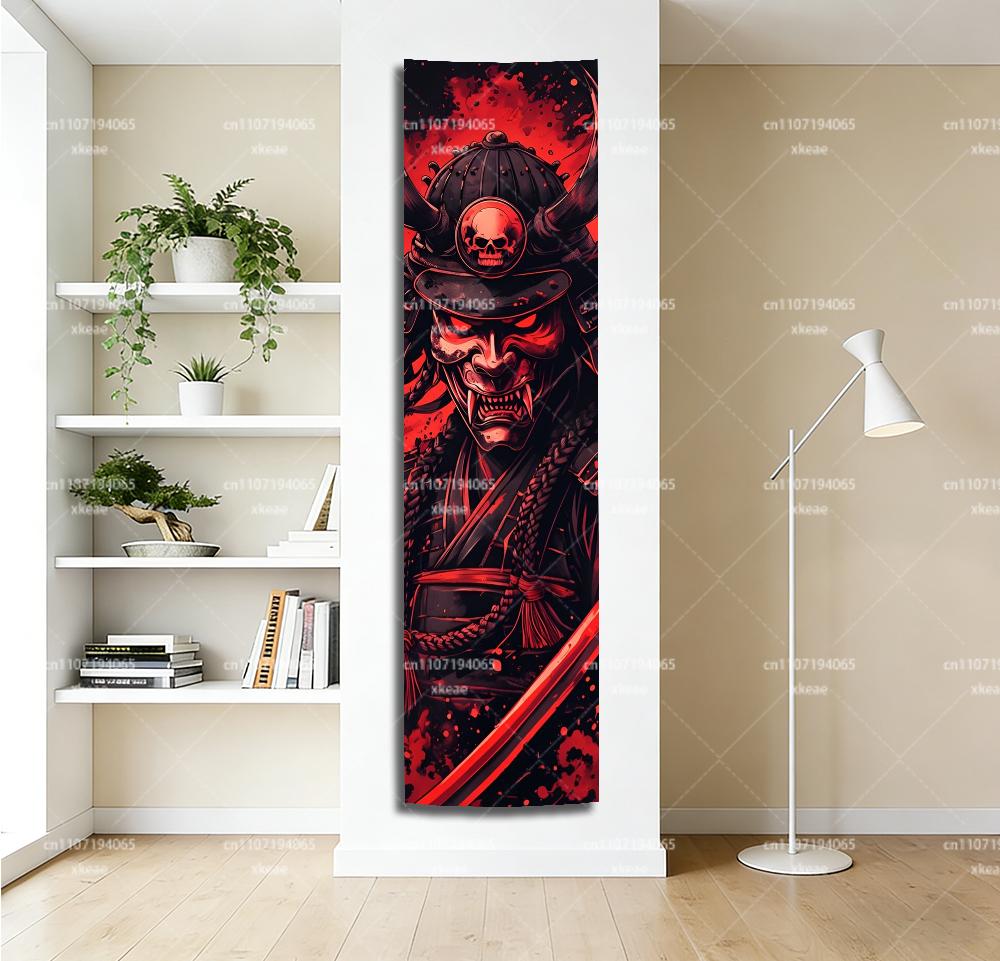 Japanese Samurai Oni Mask Tapestry, Red Demon Vertical Wall Hanging, Cool Anime Art Decor