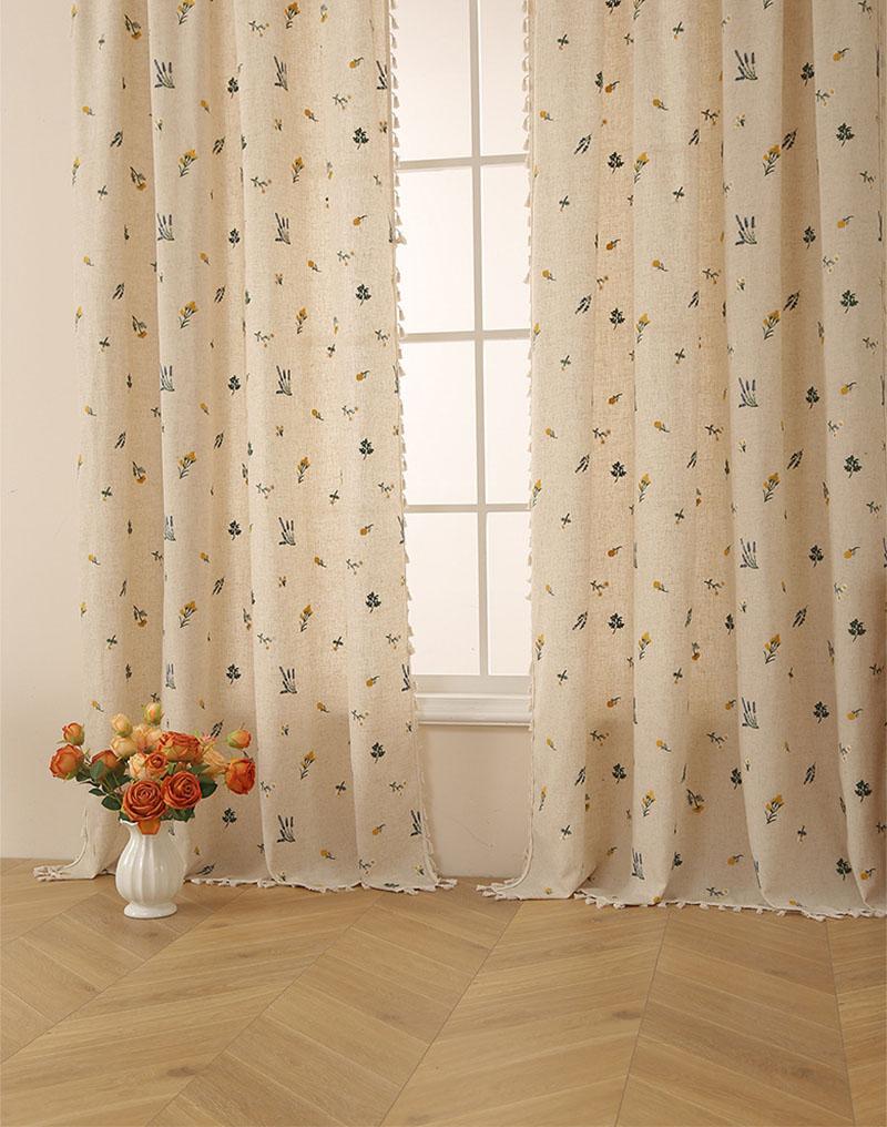 Boho Curtain Daisy Embroidered Farmhouse Window Treatments Beige Floral Curtain Rod Pocket Light Filtering Living Room Bedroom