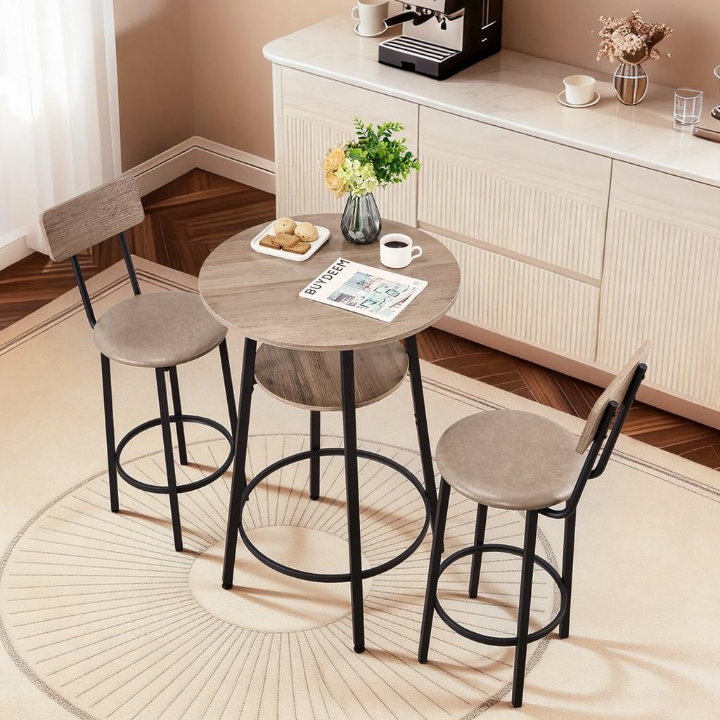 Bar Table, 3PCS 596.9mm Bars Tables Set, Bar Tables and Chair Set with Rounded Corner Design, Round Pub Table with Two Stools for Office Desk,