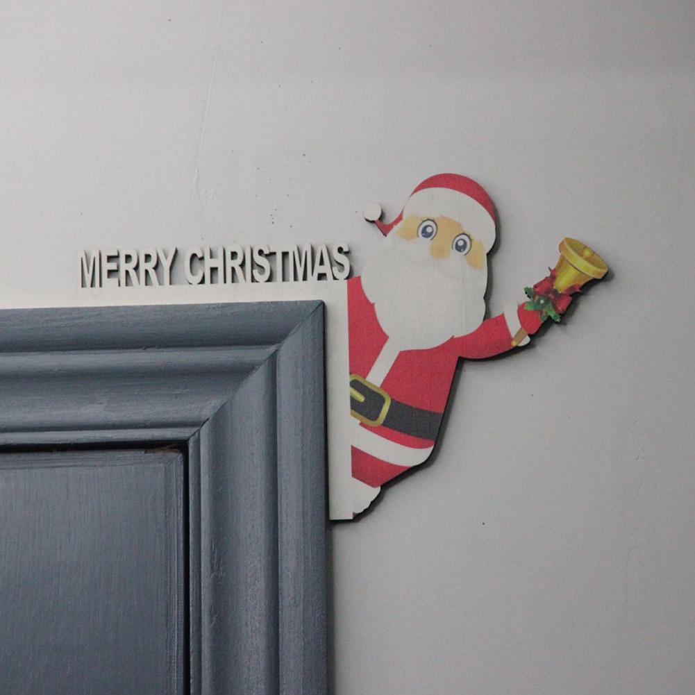 Décorations De Noël En Bois Pour Cadre De Porte – Lot De 2, Motifs Père Noël Et Cerf – Autocollant Rond Inclus