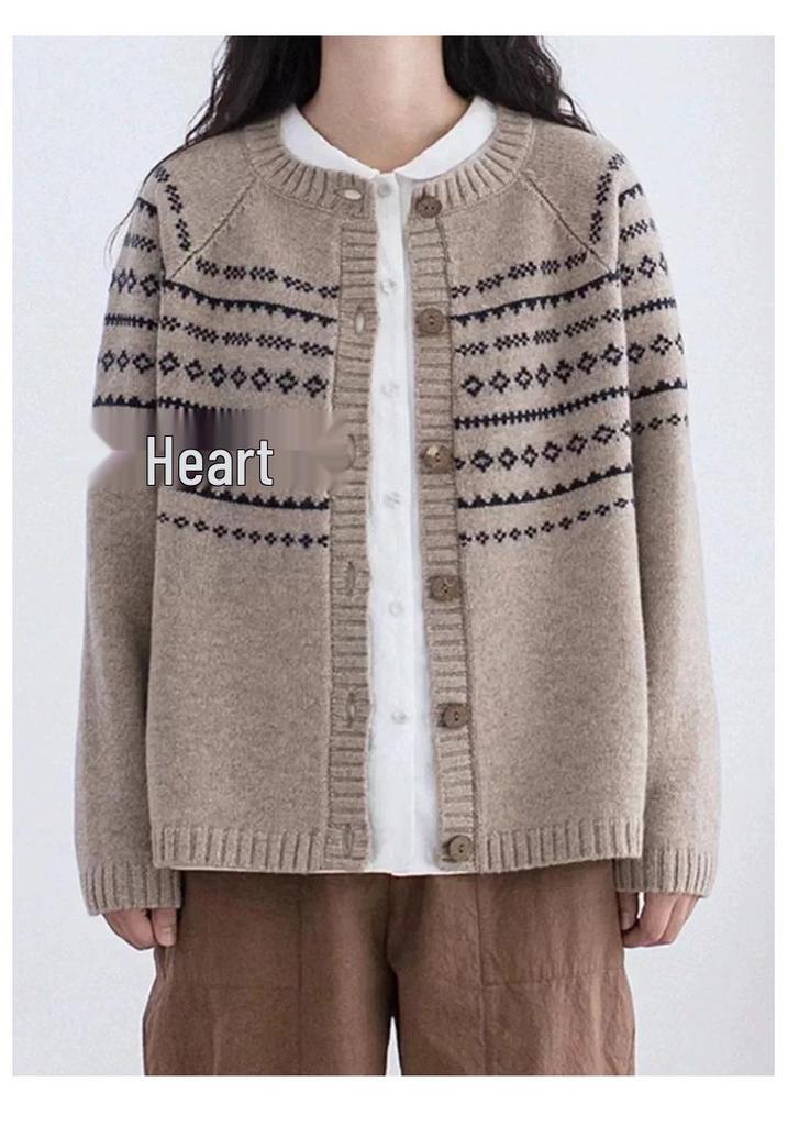 Autumn/Winter 2025 Women's 100% Wool Retro Color Block Jacquard Round Neck Buttoned Casual Loose Knit Cardigan