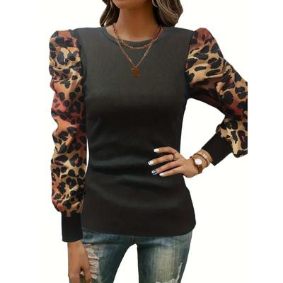 Rippstrick-T-Shirt mit Leopardenmuster und Rundhalsausschnitt, Lässiges Langarm-Oberteil für Frühling & Herbst, Damenbekleidung