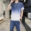 Men's Gradient Round Neck Short Sleeve T-shirt and Summer Shorts Casual Set.