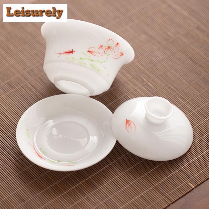 150ml Eisjade Handbemalte Lotus Gaiwan Traditionelle Teeterrine Teeschale mit Deckel Set Teezubereitung Deckelschale Trinkgeschirr Sammlung