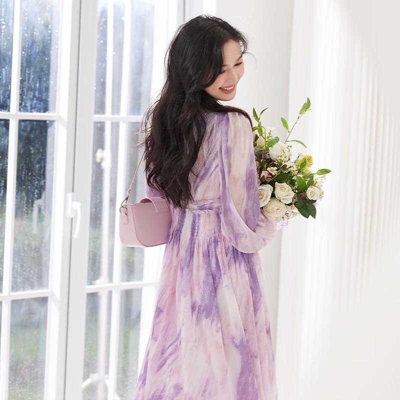 VICTORIA&VERA Women's Elegant Tie-Dye V-Neck Long Sleeve Dress