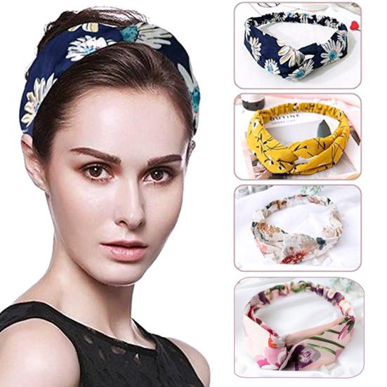 Fashion Women Flower Print Cross Knotted Headband Hair Band Elastic Headwear